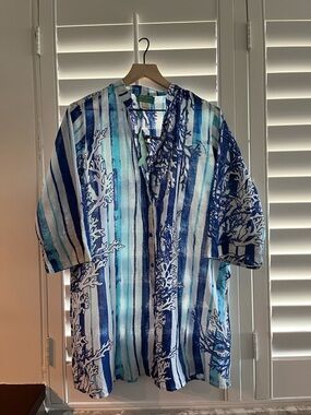 Antica Sartoria Blue & Aqua Striped Coral Print Cover-Up Shirt